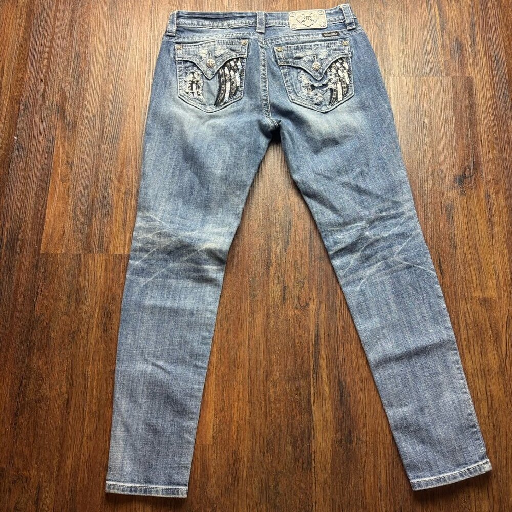 Miss Me Mid-Rise Skinny Jeans Sequin Angel Wings Distressed Light Wash Size 31 - Picture 2 of 11